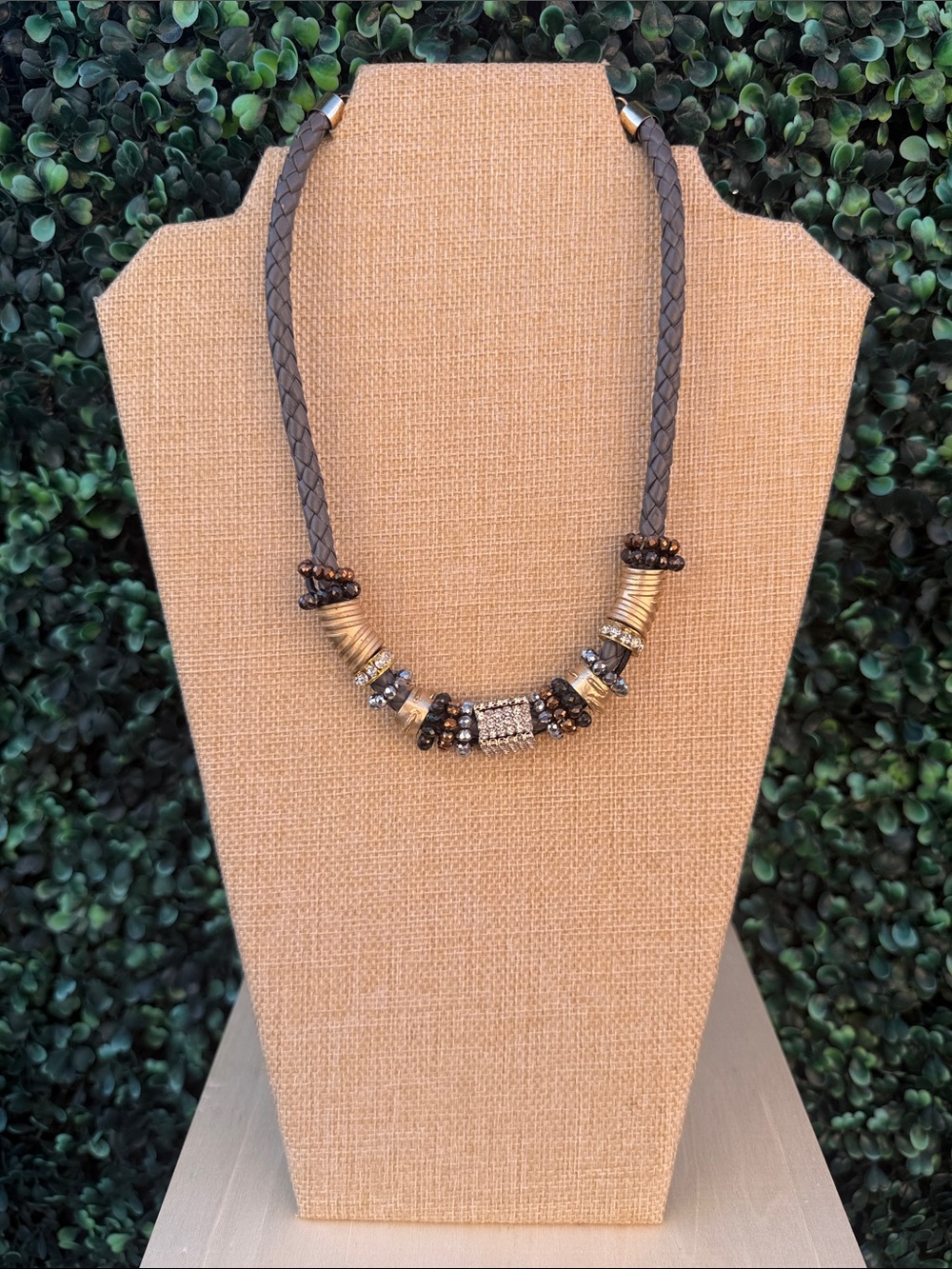 Braided Gray Cord Necklace with Gold and Black Beaded Accents